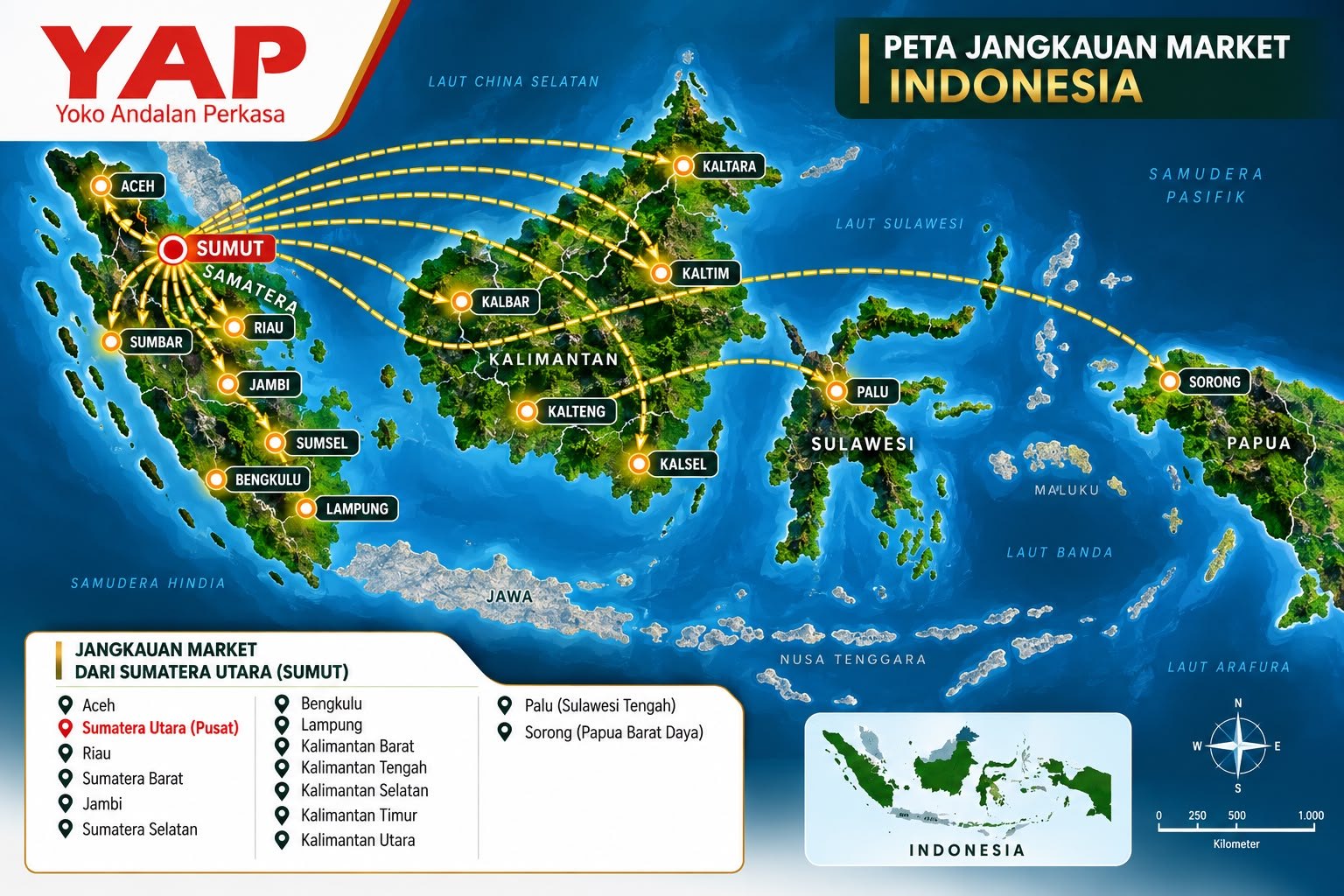 Peta jangkauan market PT Yoko Andalan Perkasa dari Sumatera Utara ke seluruh Indonesia